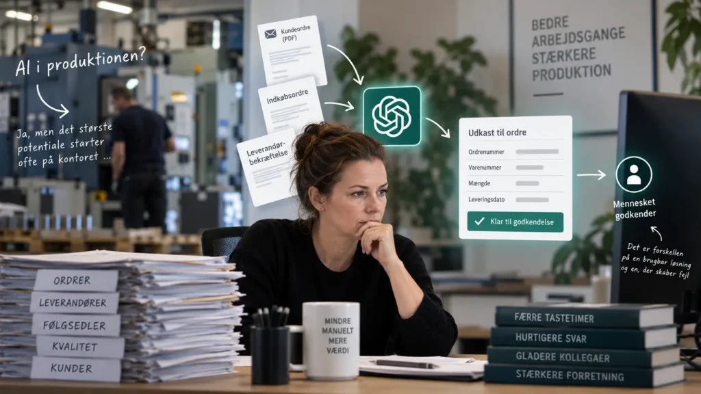 Medarbejder på kontoret i en produktionsvirksomhed ser på et AI-flow, hvor en kundeordre i PDF bliver til et ordreudkast, som et menneske godkender