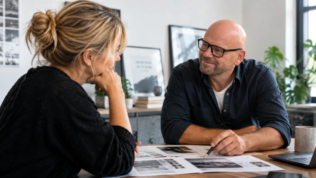 Michael Damm taler med en kvinde ved et mødebord med udskrevne layouts og en laptop i et lyst kontor