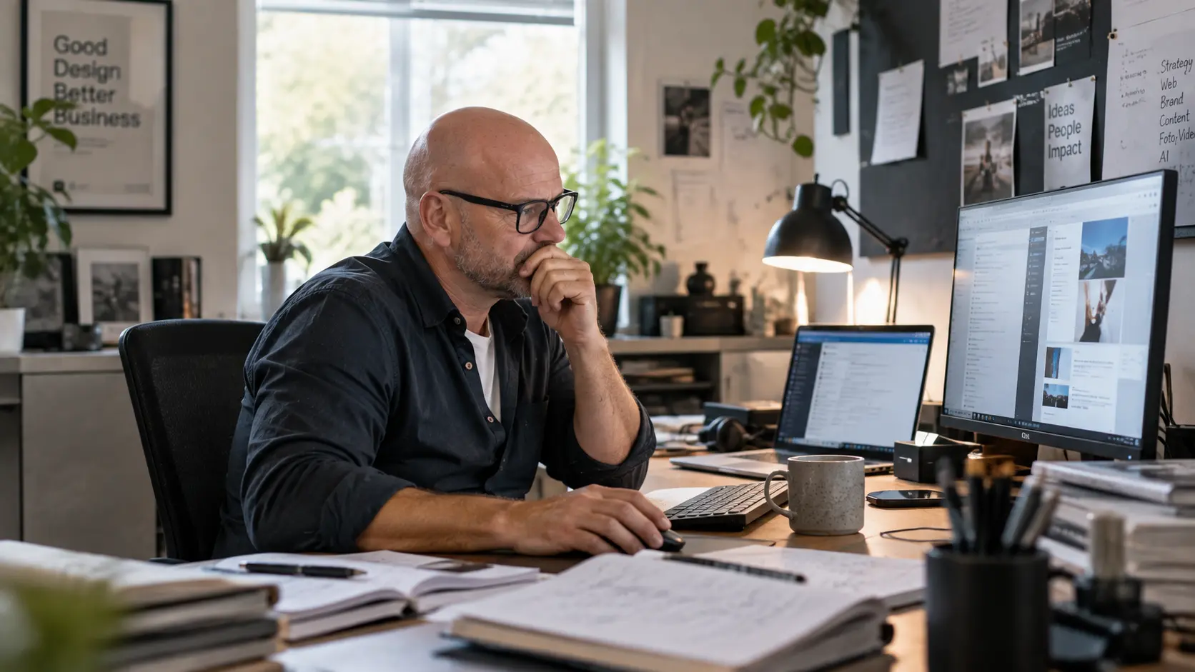 Michael Damm sidder eftertænksomt ved sit skrivebord med to skærme i et lyst kontor