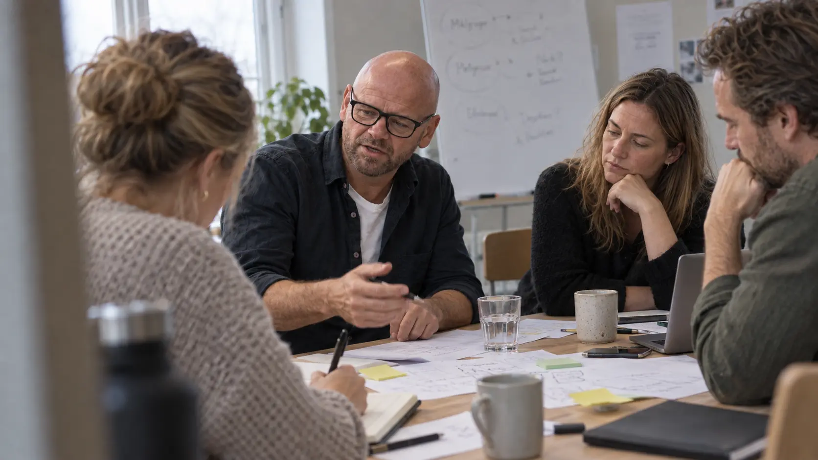 Michael Damm forklarer noget for tre deltagere ved et bord med post-its under en AI-workshop