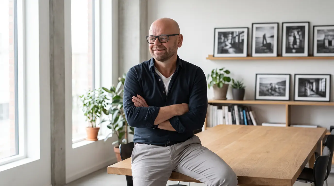 Michael Damm sidder afslappet på kanten af et egetræsbord i et lyst kontor