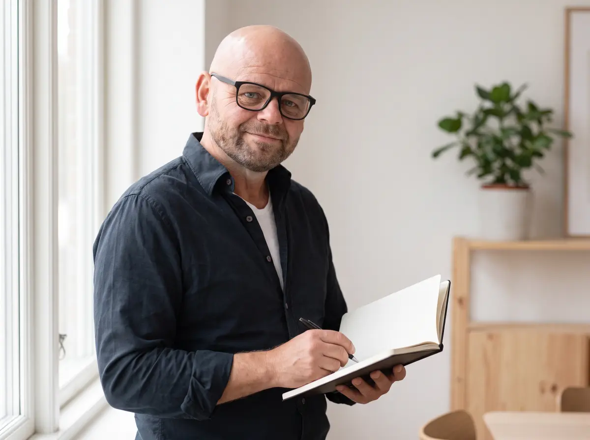 Michael Damm står ved et stort vindue i et lyst kontor med en åben notesbog og en kuglepen i hånden