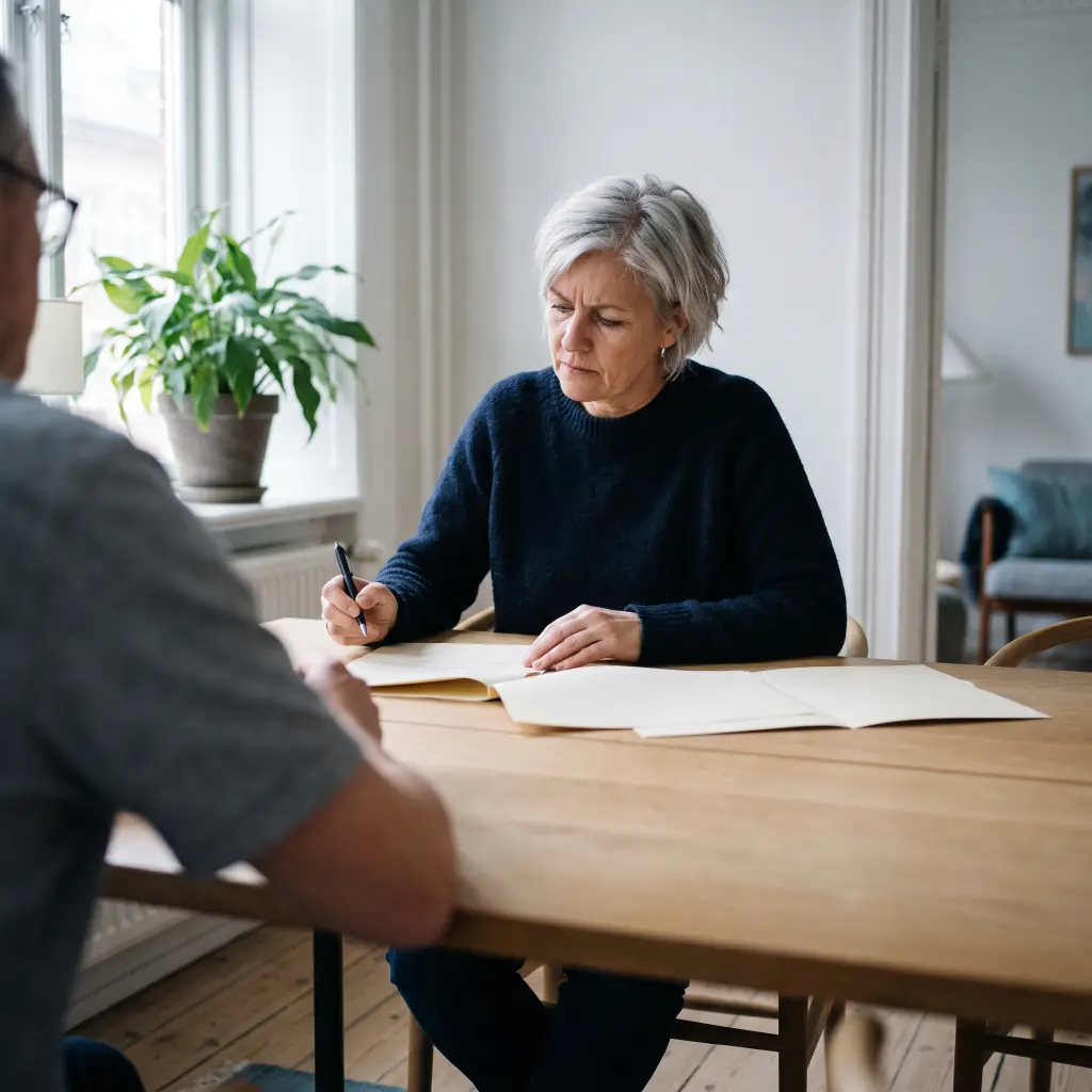En direktør med kort gråt hår gennemgår en udskrevet plan ved et lyst mødebord med pen i hånden