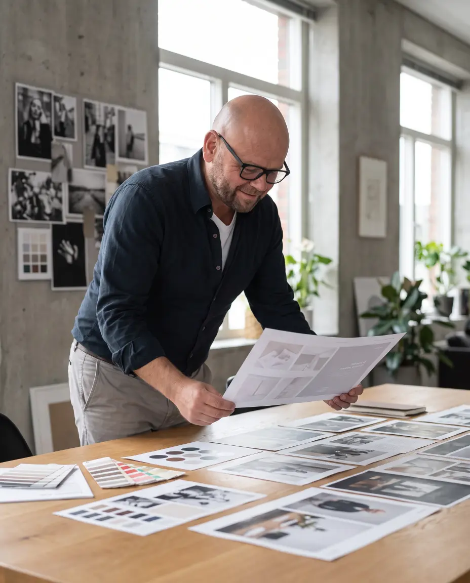 Michael Damm læner sig over layoutprøver, fotografier og farveprøver i et designstudie