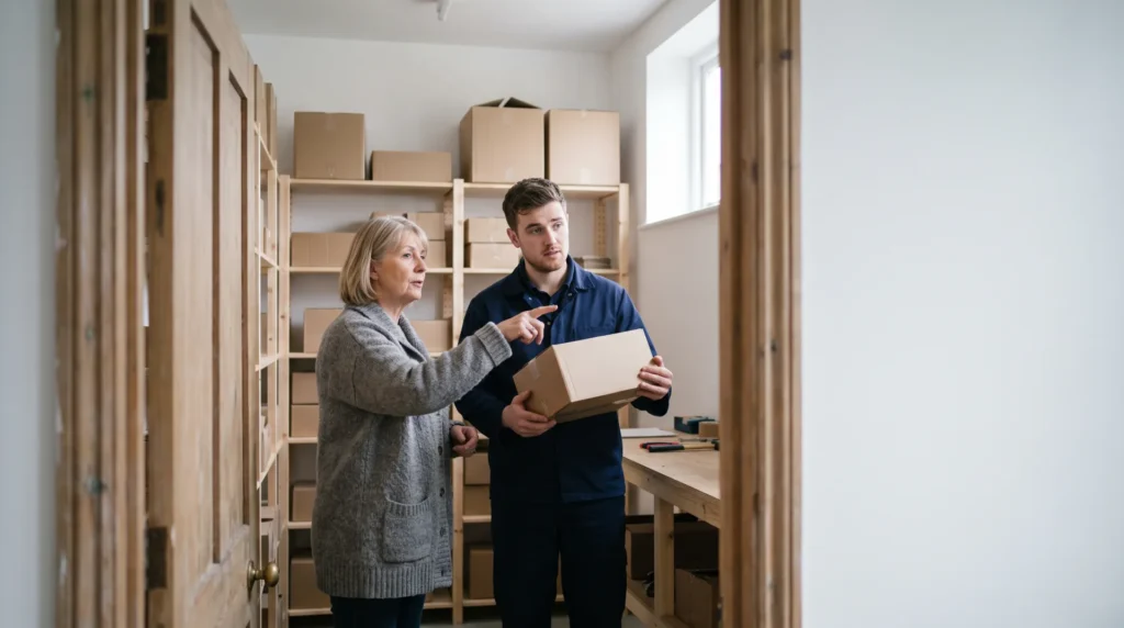 Erfaren kollega viser en ny medarbejder rundt på lageret i en mindre dansk virksomhed